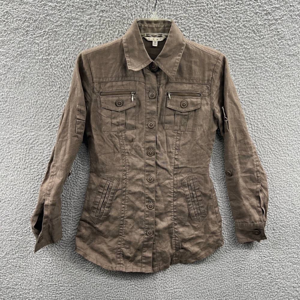 CAbi Womens Linen Utility Jacket XS Brown Button Front Military Fitted Cargo